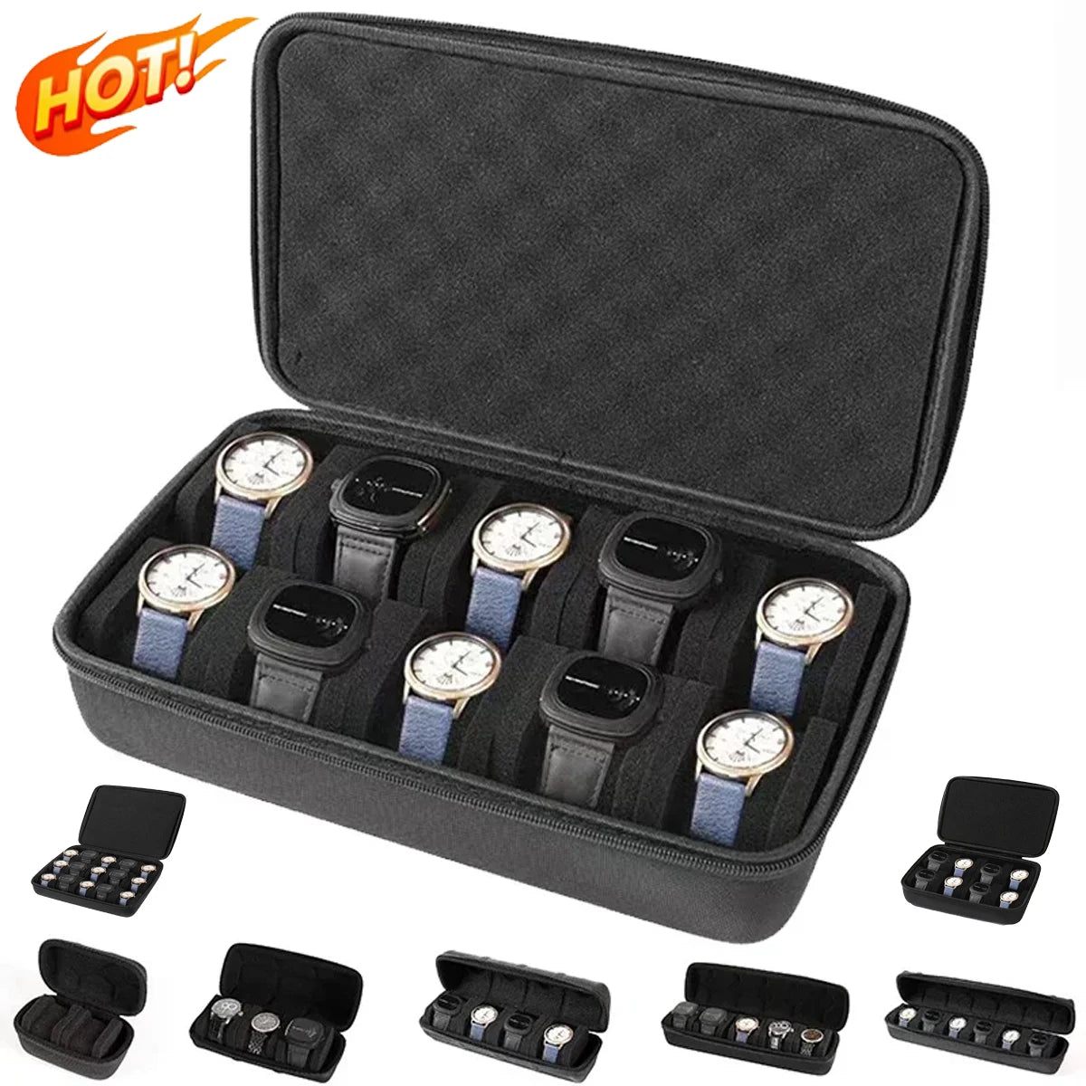 Open black travel watch organizer displaying 12 wristwatches and smartwatches in individual cushioned slots